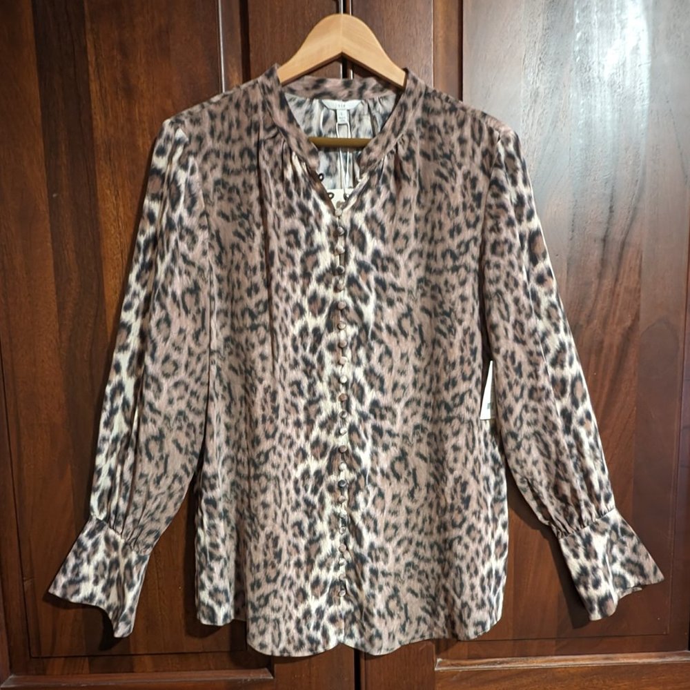 Joie Tariana sz L Leopard Silk Blouse Light Taupe Button Bloomingdale's